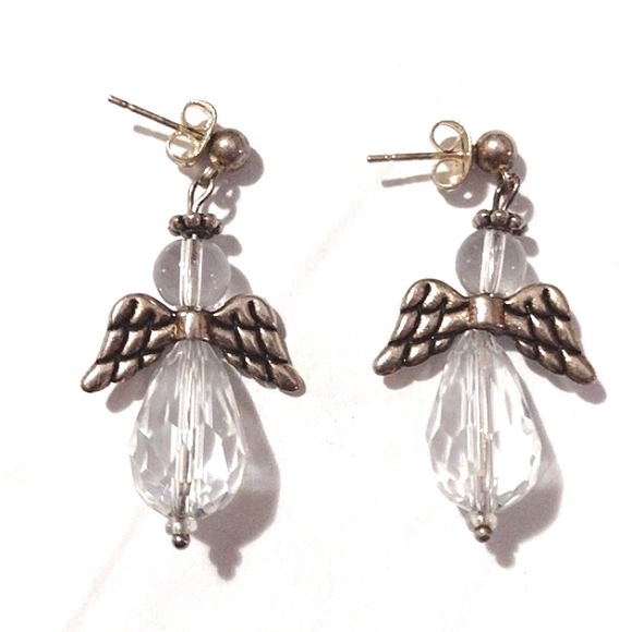 VINTAGE CRYSTAL ANGEL SILVER-TONE DROP DANGLE PUSH-BACK 1.9" EARRINGS - Picture 5 of 8